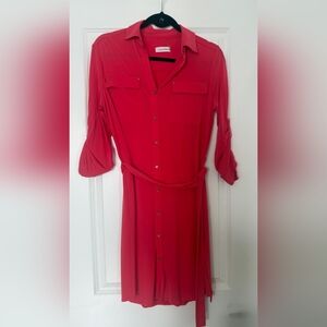 Calvin Klein Button Down Three-Quarter Sleeve Red Dress